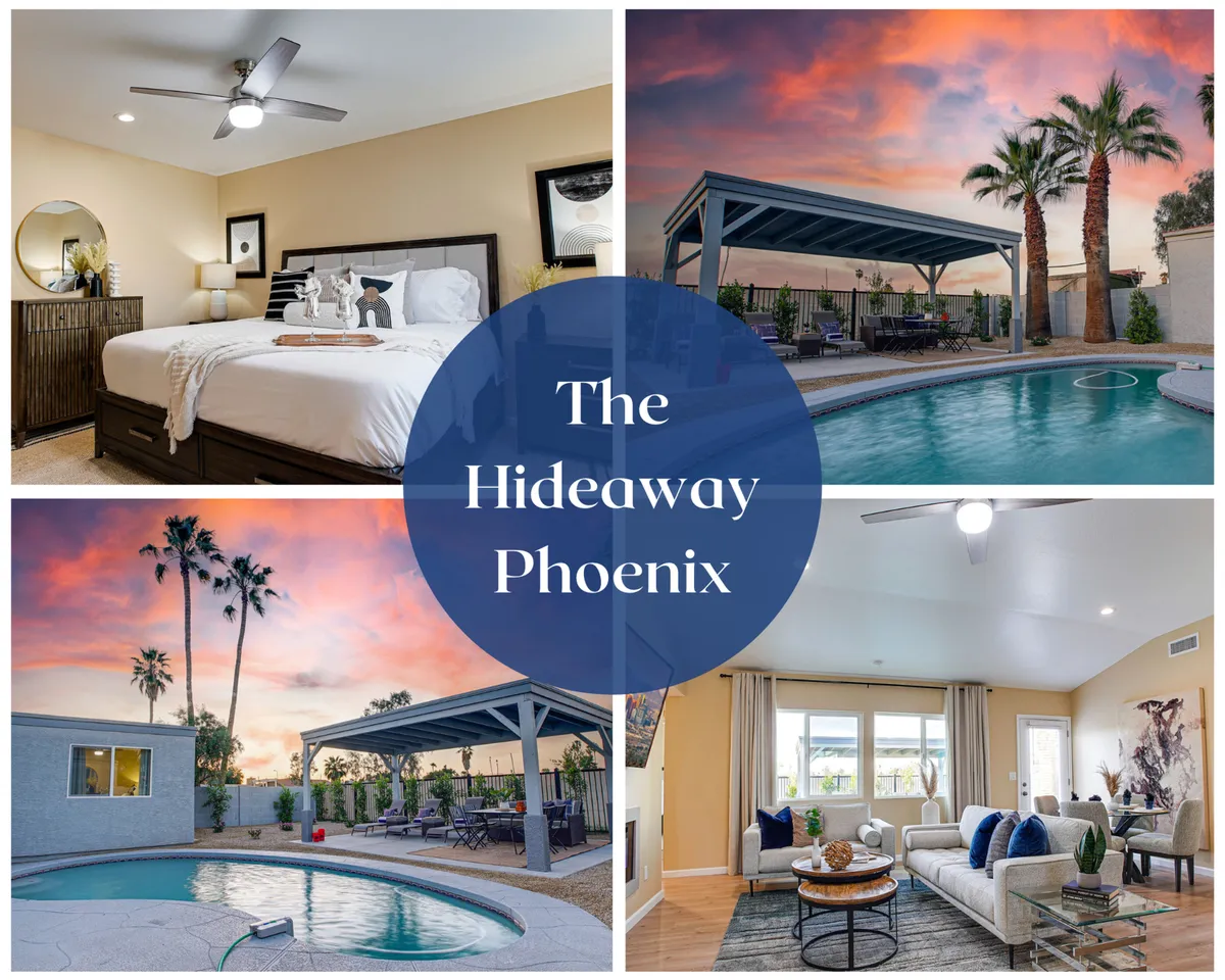 The hero image showcases a serene, sun-drenched backyard oasis featuring a sparkling swimming pool, inviting outdoor seating perfect for sunset views, and a glimpse into a stylish, cozy living room that exudes comfort.